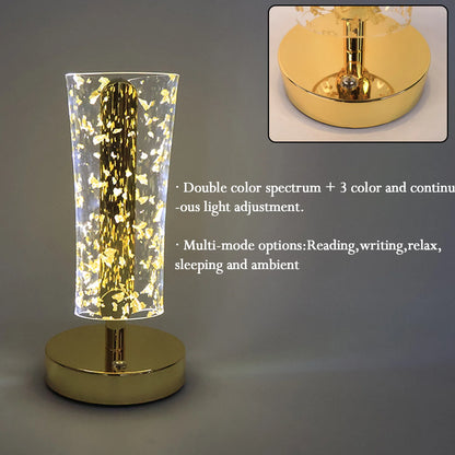 Luxury Golden Crystal LED Table Lamp | USB Rechargeable Cylindrical Light with Golden Flake Shade for Bedside & Premium Decor