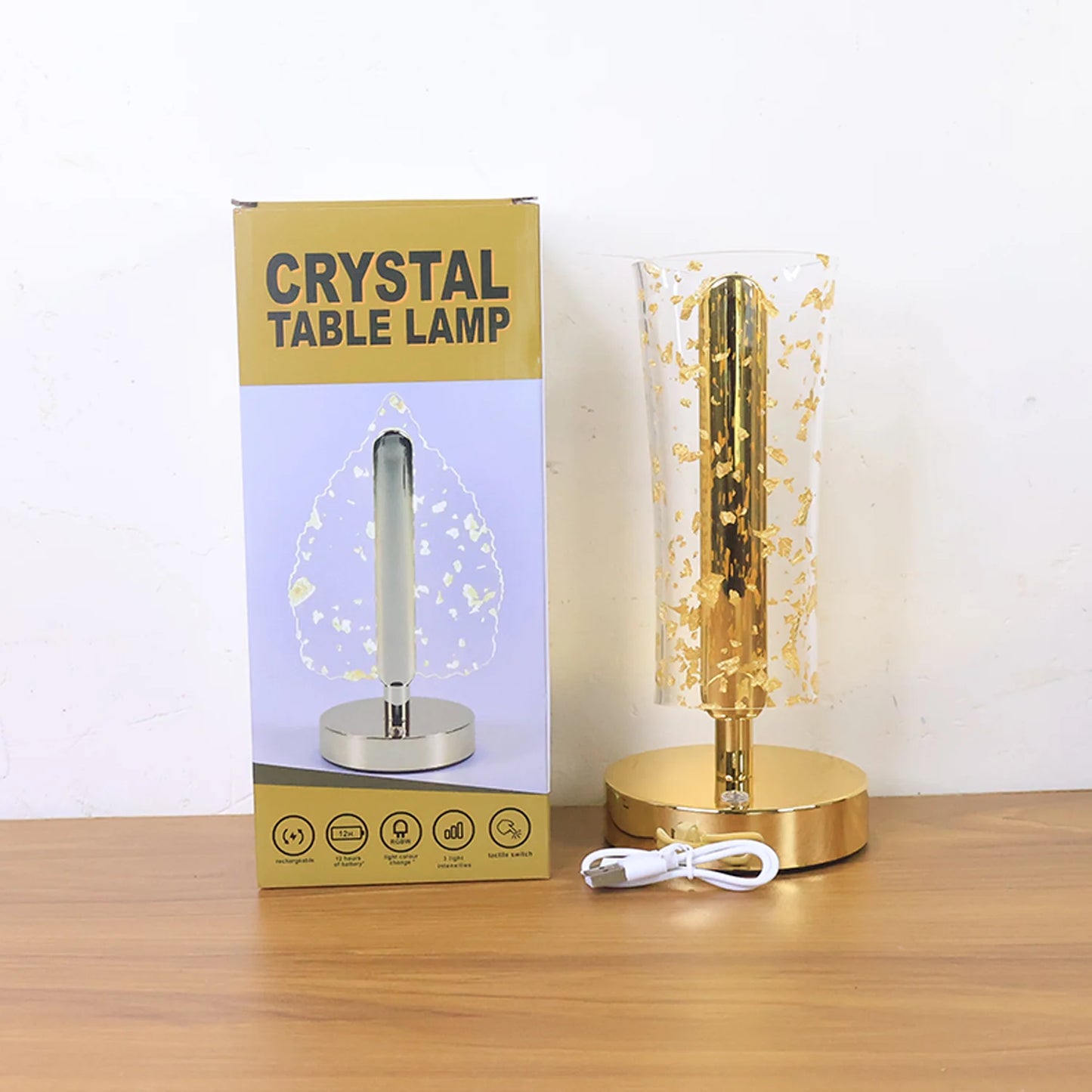 Luxury Golden Crystal LED Table Lamp | USB Rechargeable Cylindrical Light with Golden Flake Shade for Bedside & Premium Decor