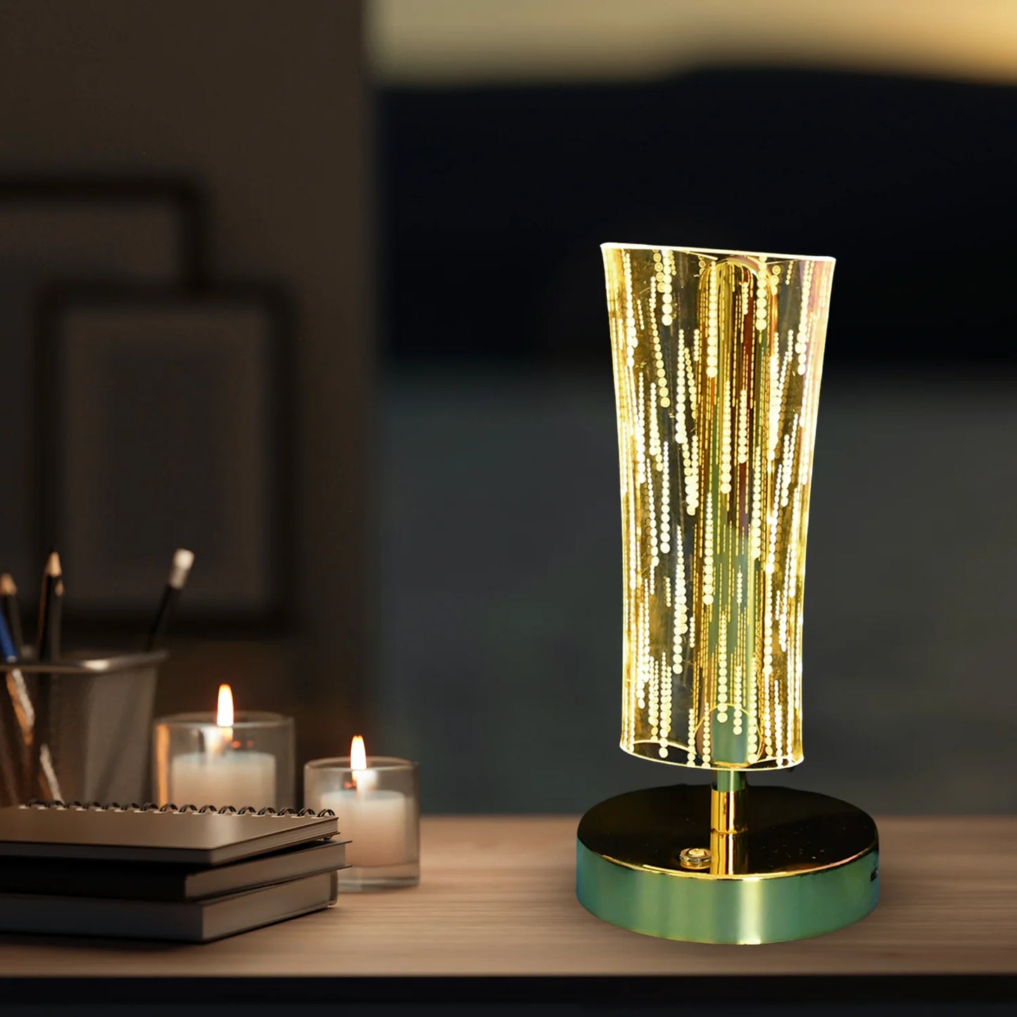 Luxury Crystal Table Lamp | USB Rechargeable Cylindrical LED Light with Golden Base for Bedside, Study & Premium Decor