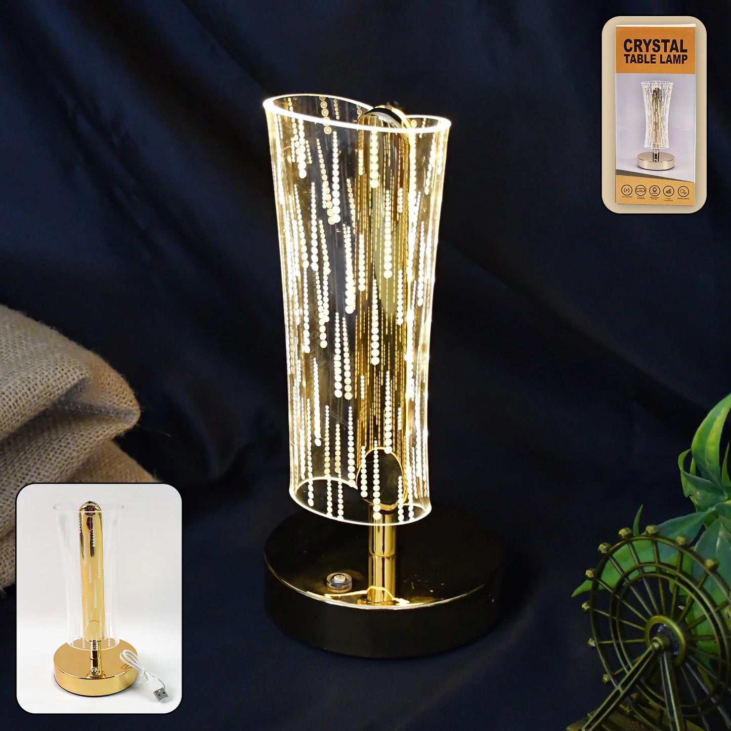 Luxury Crystal Table Lamp | USB Rechargeable Cylindrical LED Light with Golden Base for Bedside, Study & Premium Decor