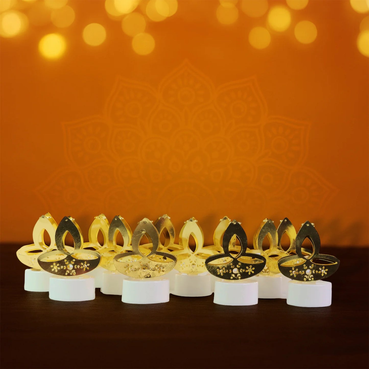 Set of 12 Golden Diya LED Candles | Flameless Battery-Operated Tealights for Safe Diwali, Puja & Festive Decoration