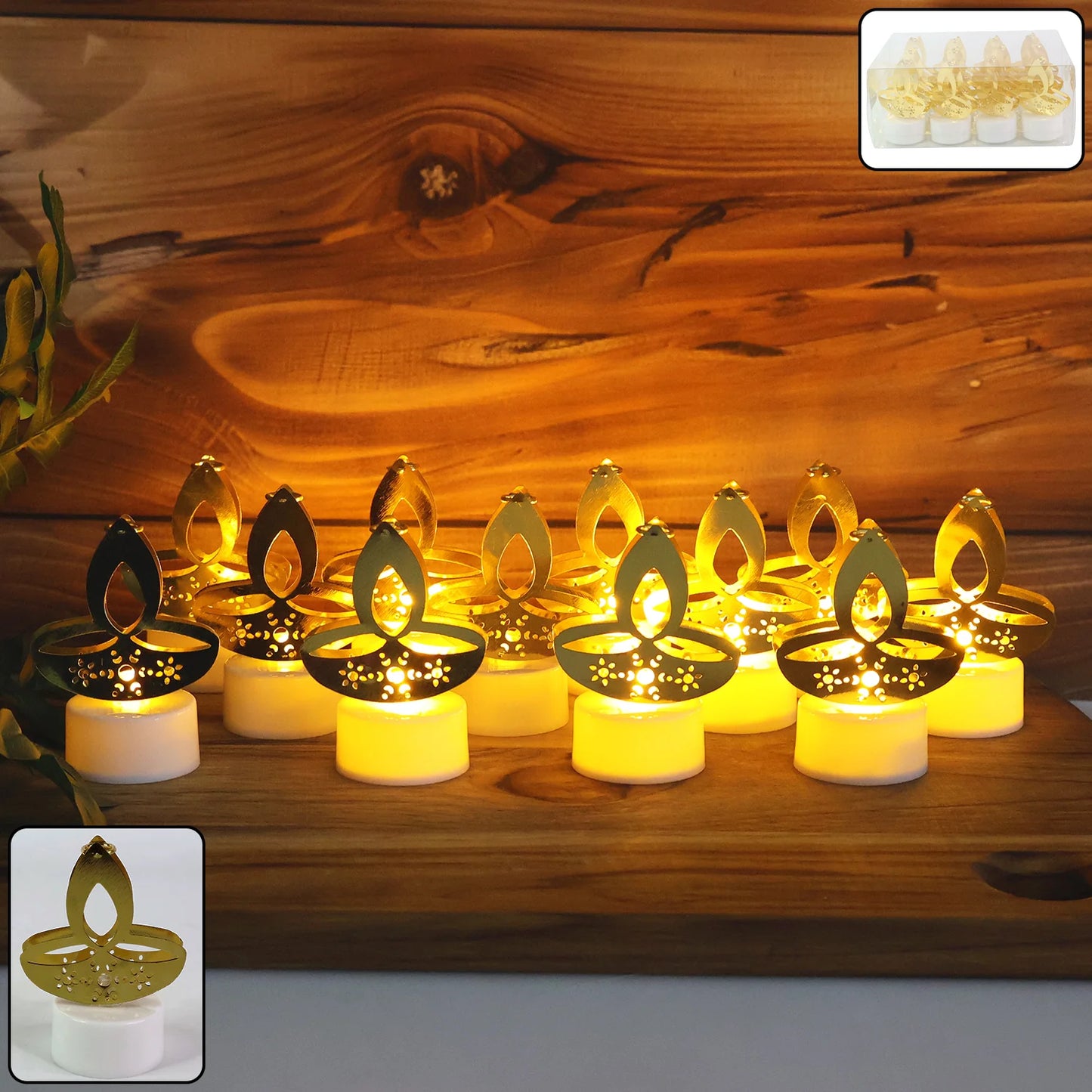 Set of 12 Golden Diya LED Candles | Flameless Battery-Operated Tealights for Safe Diwali, Puja & Festive Decoration