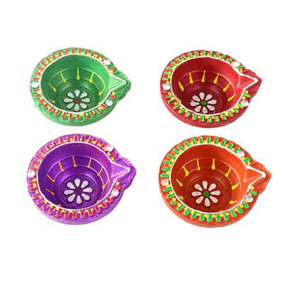 Handcrafted Clay Diya Set of 4 | Hand-Painted Flower Pattern | Eco-Friendly Festive Diya for Diwali & Pooja