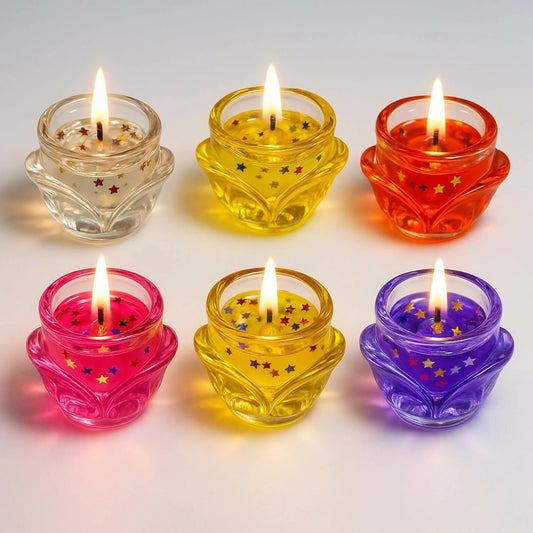 Set of 6 Colorful Decorative Glass Jar Candles | Glitter Wax Tealights for Diwali, Pooja, Weddings & Home Decor