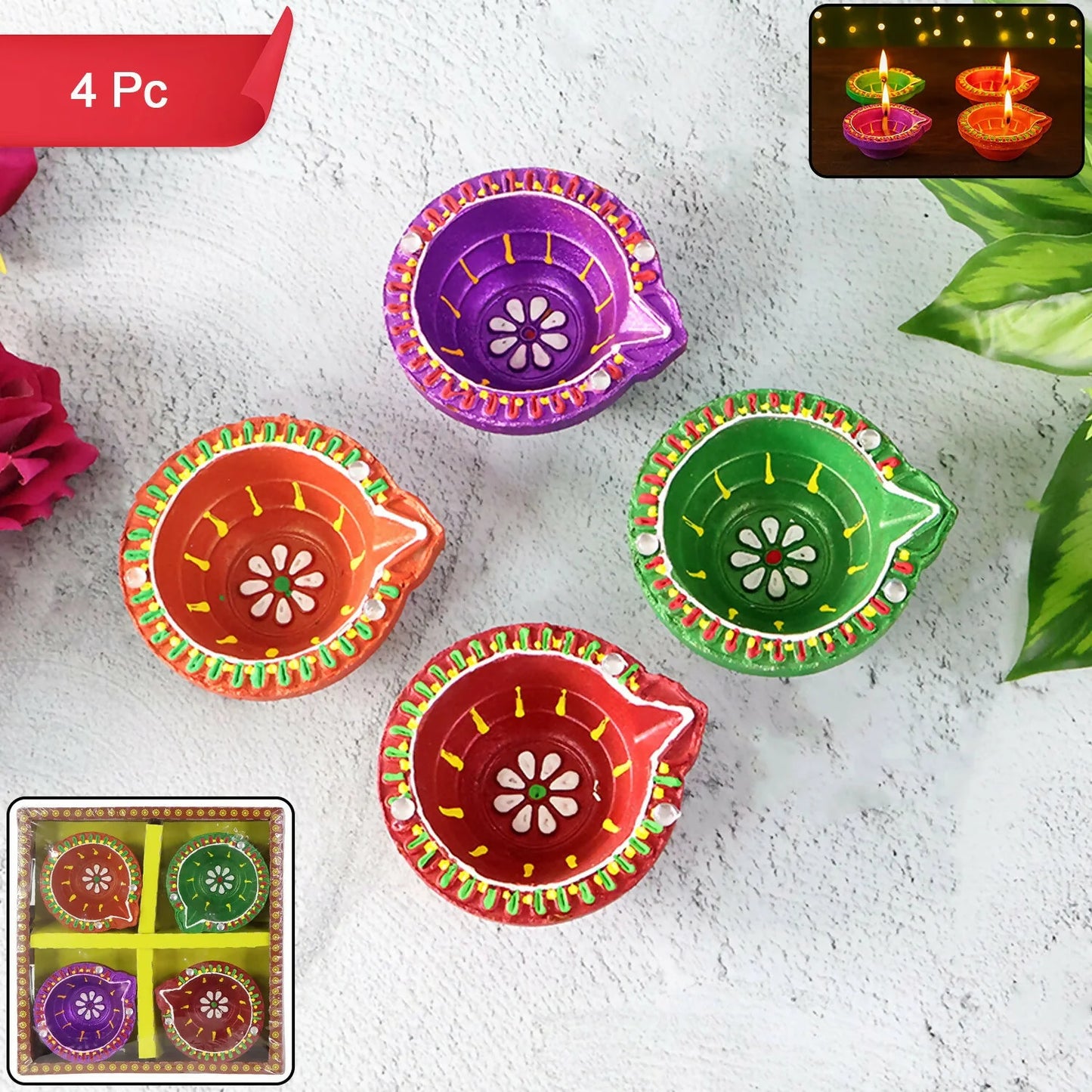 Handcrafted Clay Diya Set of 4 | Hand-Painted Flower Pattern | Eco-Friendly Festive Diya for Diwali & Pooja
