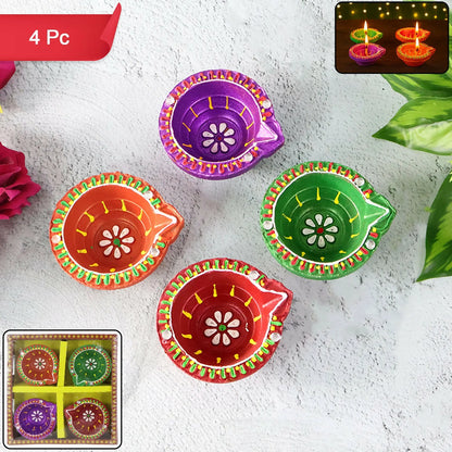 Handcrafted Clay Diya Set of 4 | Hand-Painted Flower Pattern | Eco-Friendly Festive Diya for Diwali & Pooja