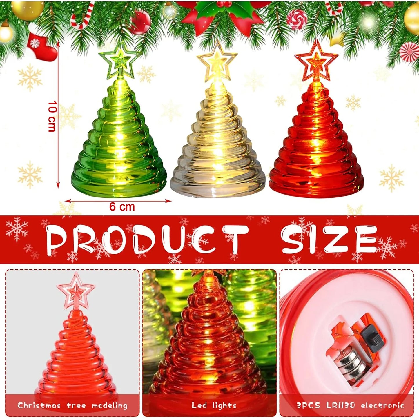 Set of 12 Christmas Tree LED Lights with Star Topper | Battery Operated Flameless Festive Decor