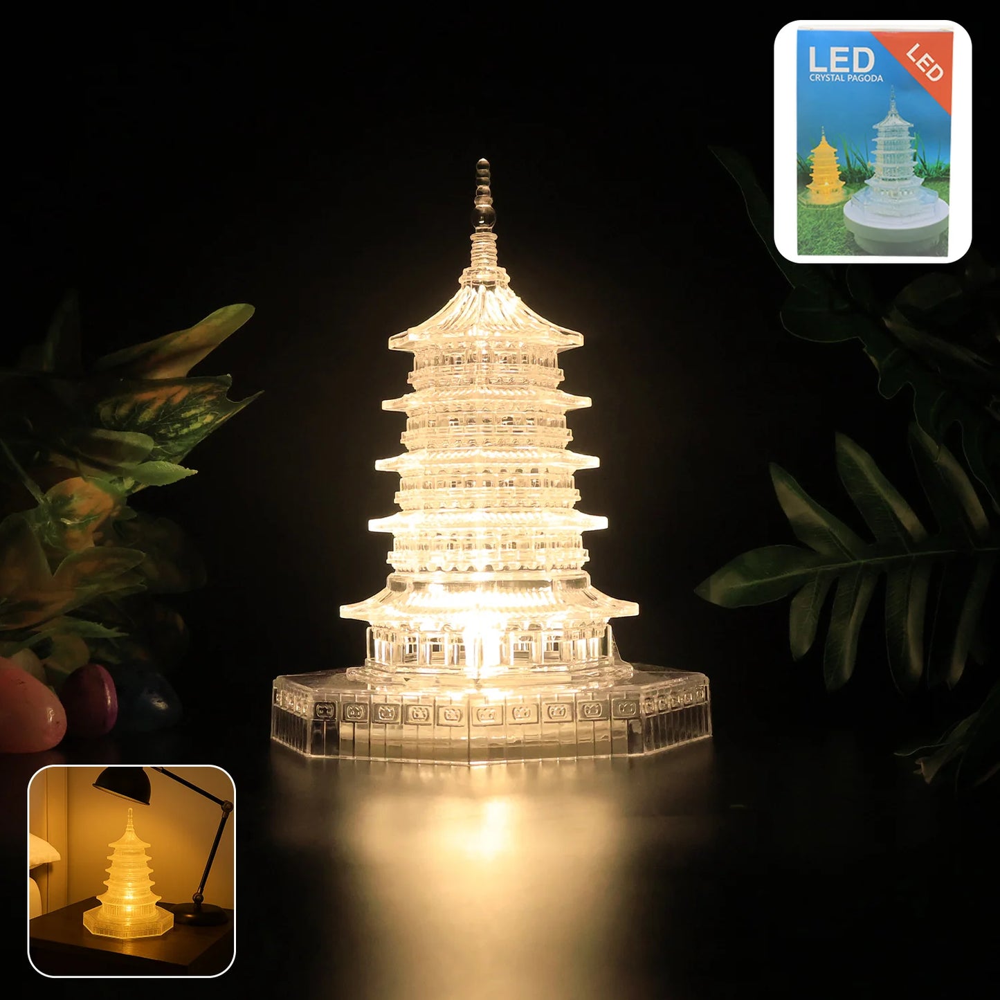 Premium LED Crystal Pagoda Decorative Light | Elegant Battery-Operated Flameless Lamp for Home Decor, Meditation & Diwali