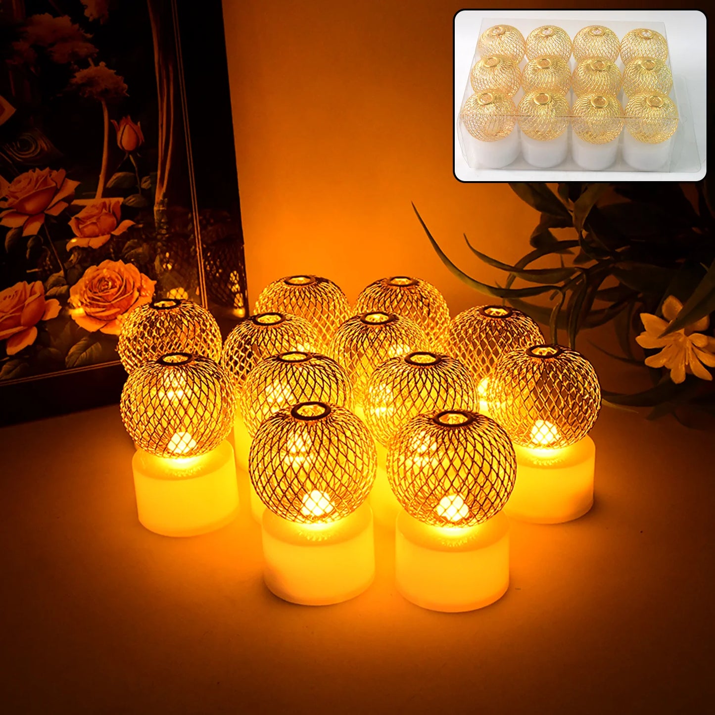 Set of 12 LED Mesh Ball Decorative Lights | Warm White Ambiance Lighting for Home Decor, Diwali & Parties