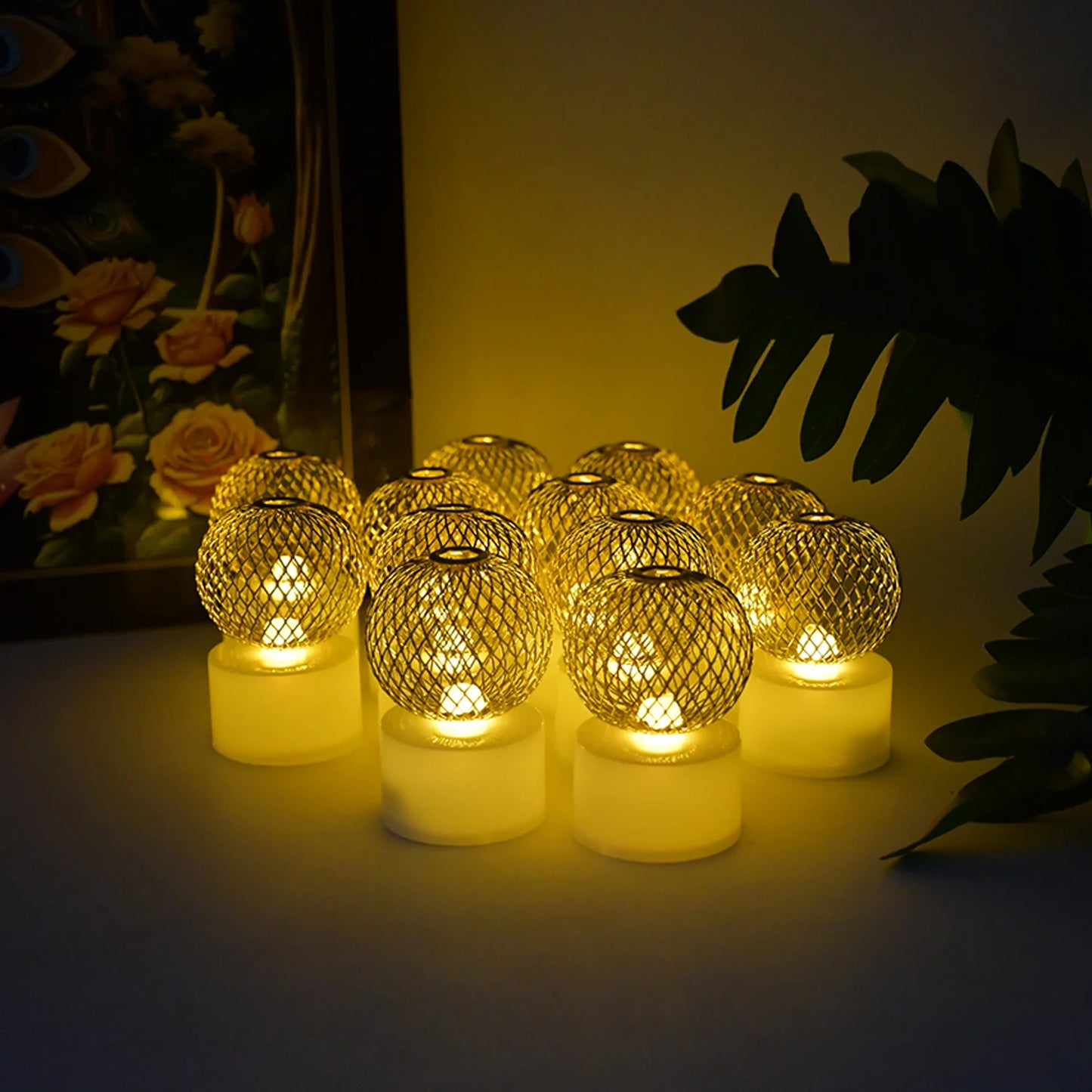 Set of 12 LED Mesh Ball Decorative Lights | Warm White Ambiance Lighting for Home Decor, Diwali & Parties