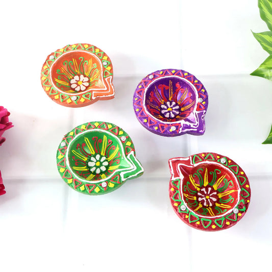 Handcrafted Clay Diya Set of 4 | Hand-Painted Flower Pattern | Eco-Friendly Festive Diya for Diwali & Pooja