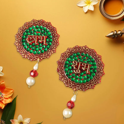 Shubh Labh Beaded Decorative Door Hanging Set (2 Pcs) | Traditional Festival Wall Décor with Stone Work & Adhesive Backing