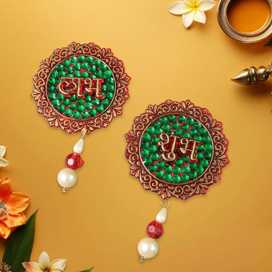 Shubh Labh Beaded Decorative Door Hanging Set (2 Pcs) | Traditional Festival Wall Décor with Stone Work & Adhesive Backing
