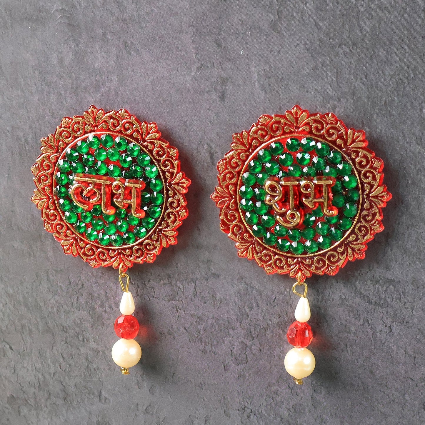 Shubh Labh Beaded Decorative Door Hanging Set (2 Pcs) | Traditional Festival Wall Décor with Stone Work & Adhesive Backing
