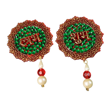 Shubh Labh Beaded Decorative Door Hanging Set (2 Pcs) | Traditional Festival Wall Décor with Stone Work & Adhesive Backing