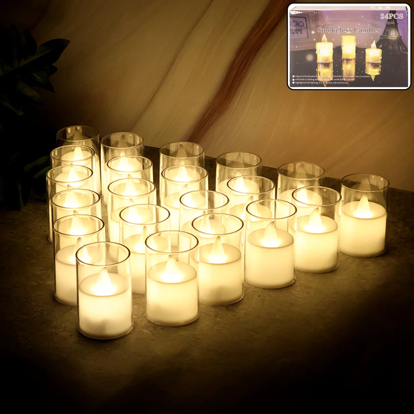 Set of 24 Flameless LED Tealight Candles with Glass Holders | Battery Operated Decorative Lights for Weddings, Diwali & Home Decor