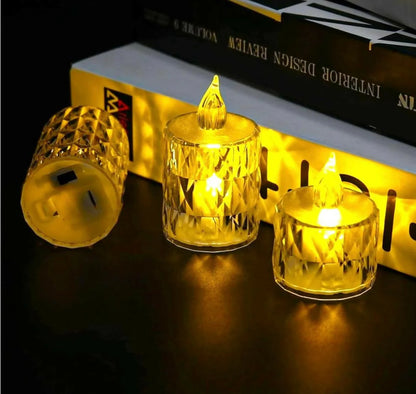 Crystal Glow Trio – LED Flameless Decorative Candles | Diamond-Cut Crystal Design | Warm Flickering Light for Diwali, Home Décor, Wedding & Festive Lighting