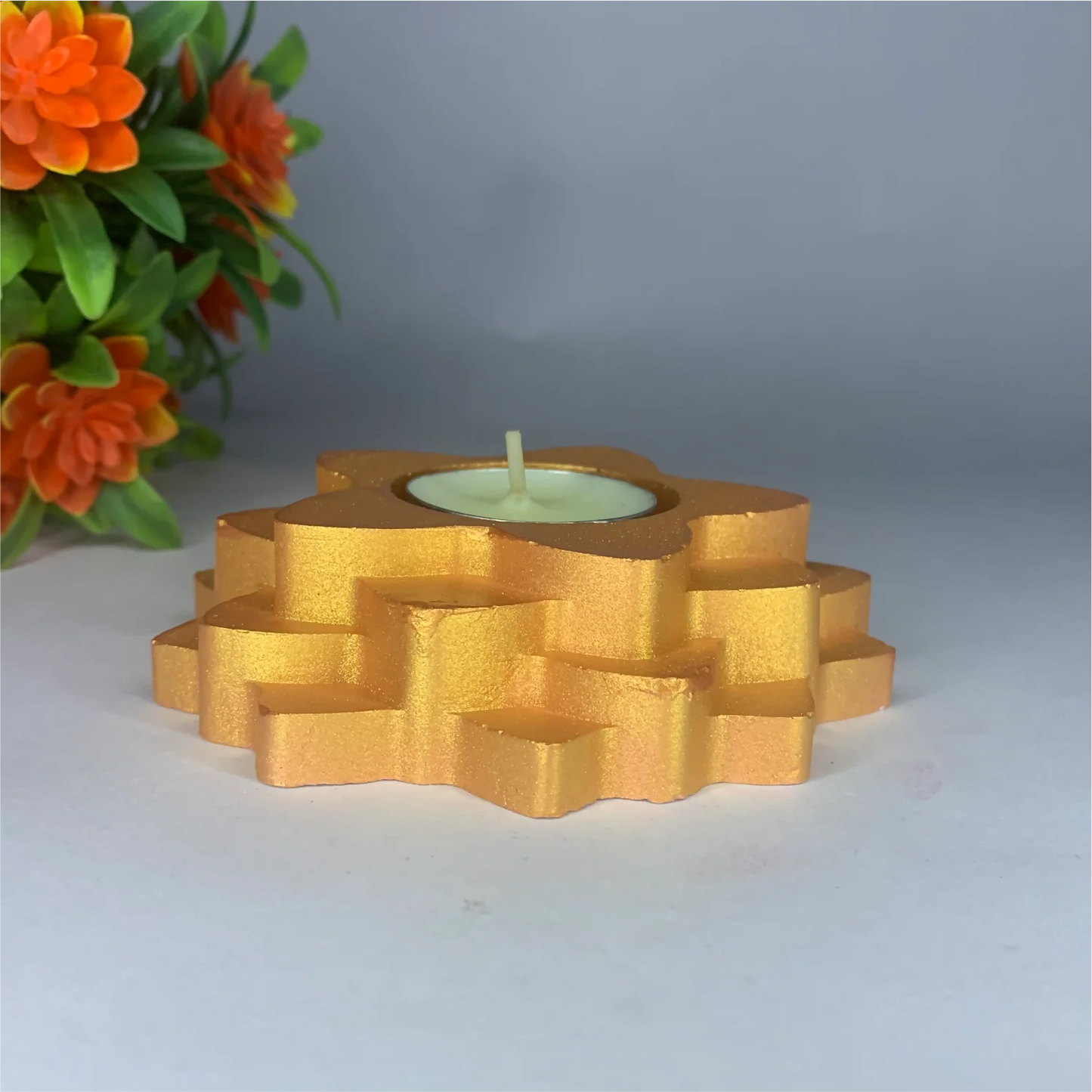Handmade 4-Step Flower Diya | Multi-Layered Metallic Tealight Candle Holder for Diwali, Pooja & Elegant Decor