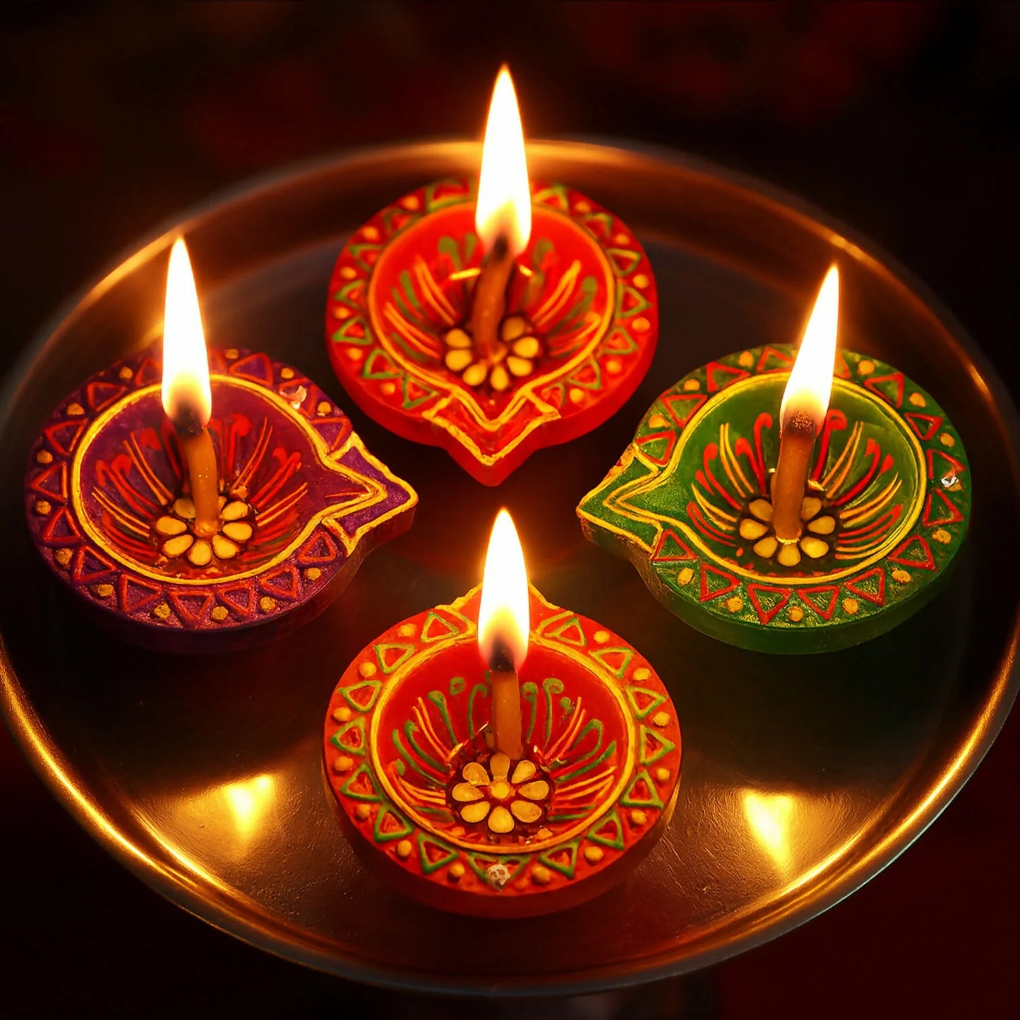 Handcrafted Clay Diya Set of 4 | Hand-Painted Flower Pattern | Eco-Friendly Festive Diya for Diwali & Pooja