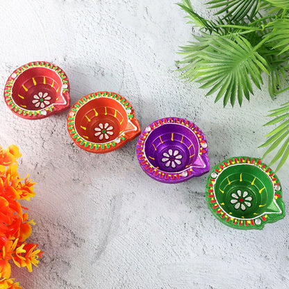Handcrafted Clay Diya Set of 4 | Hand-Painted Flower Pattern | Eco-Friendly Festive Diya for Diwali & Pooja