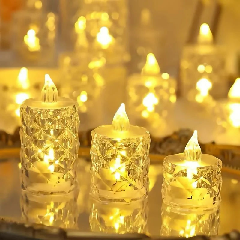 Crystal Glow Trio – LED Flameless Decorative Candles | Diamond-Cut Crystal Design | Warm Flickering Light for Diwali, Home Décor, Wedding & Festive Lighting