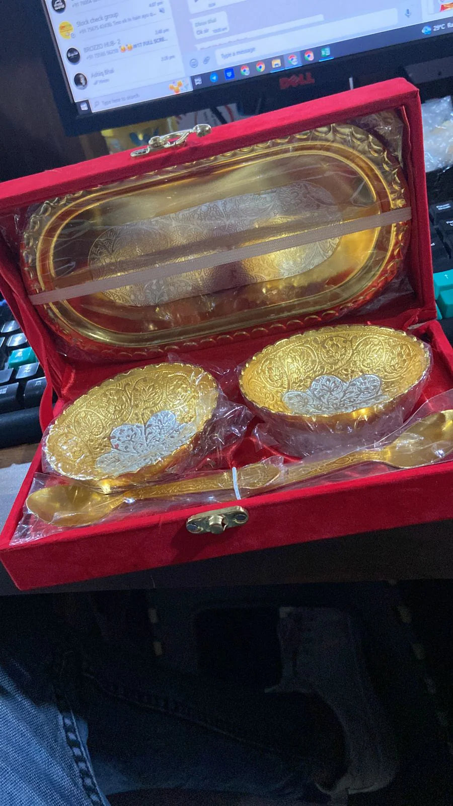 Elegant Gold Silver Plated 2 Bowl 2 Spoon & Tray Set | Brass Dry Fruit/Dessert Serving Set in Red Velvet Gift Box