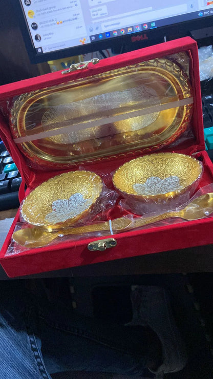 Elegant Gold Silver Plated 2 Bowl 2 Spoon & Tray Set | Brass Dry Fruit/Dessert Serving Set in Red Velvet Gift Box
