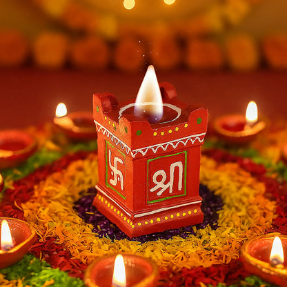 Handcrafted Tulsi Kiyaro Diya Set of 4 | Vibrant Hand-Painted Diya with Swastik & Shree Symbols for Pooja & Diwali