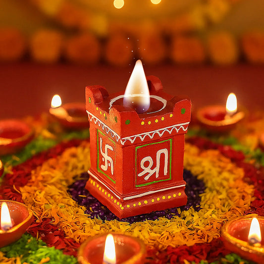 Handcrafted Tulsi Kiyaro Diya Set of 4 | Vibrant Hand-Painted Diya with Swastik & Shree Symbols for Pooja & Diwali