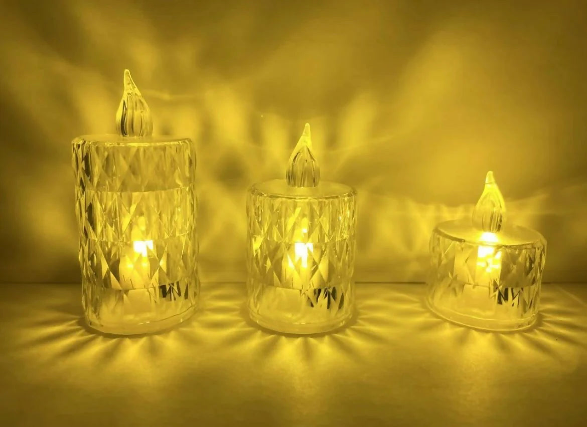 Crystal Glow Trio – LED Flameless Decorative Candles | Diamond-Cut Crystal Design | Warm Flickering Light for Diwali, Home Décor, Wedding & Festive Lighting