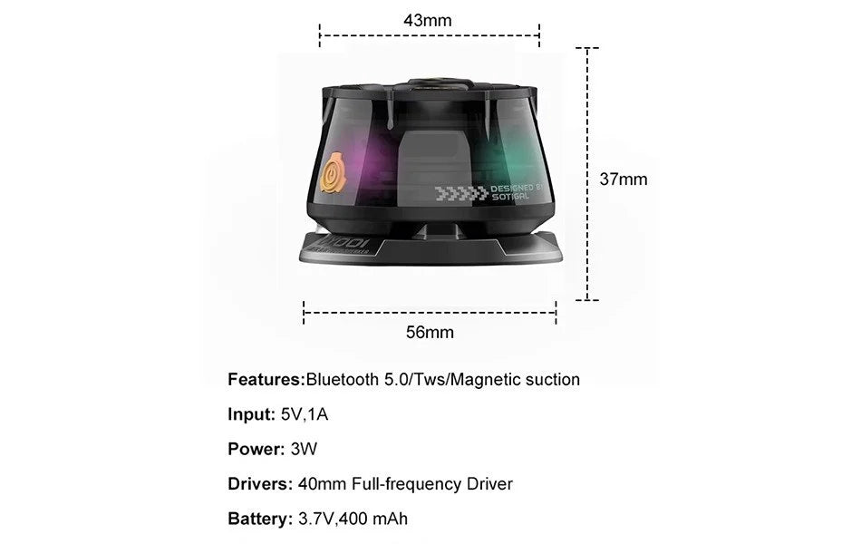 Black Mini Wireless Speaker with RGB Lights  | Magnetic Mount