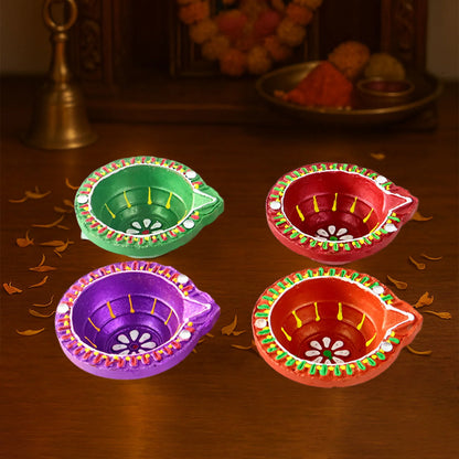 Handcrafted Clay Diya Set of 4 | Hand-Painted Flower Pattern | Eco-Friendly Festive Diya for Diwali & Pooja