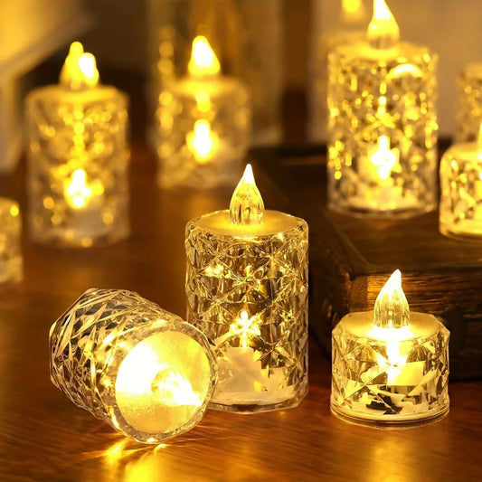 Crystal Glow Trio – LED Flameless Decorative Candles | Diamond-Cut Crystal Design | Warm Flickering Light for Diwali, Home Décor, Wedding & Festive Lighting
