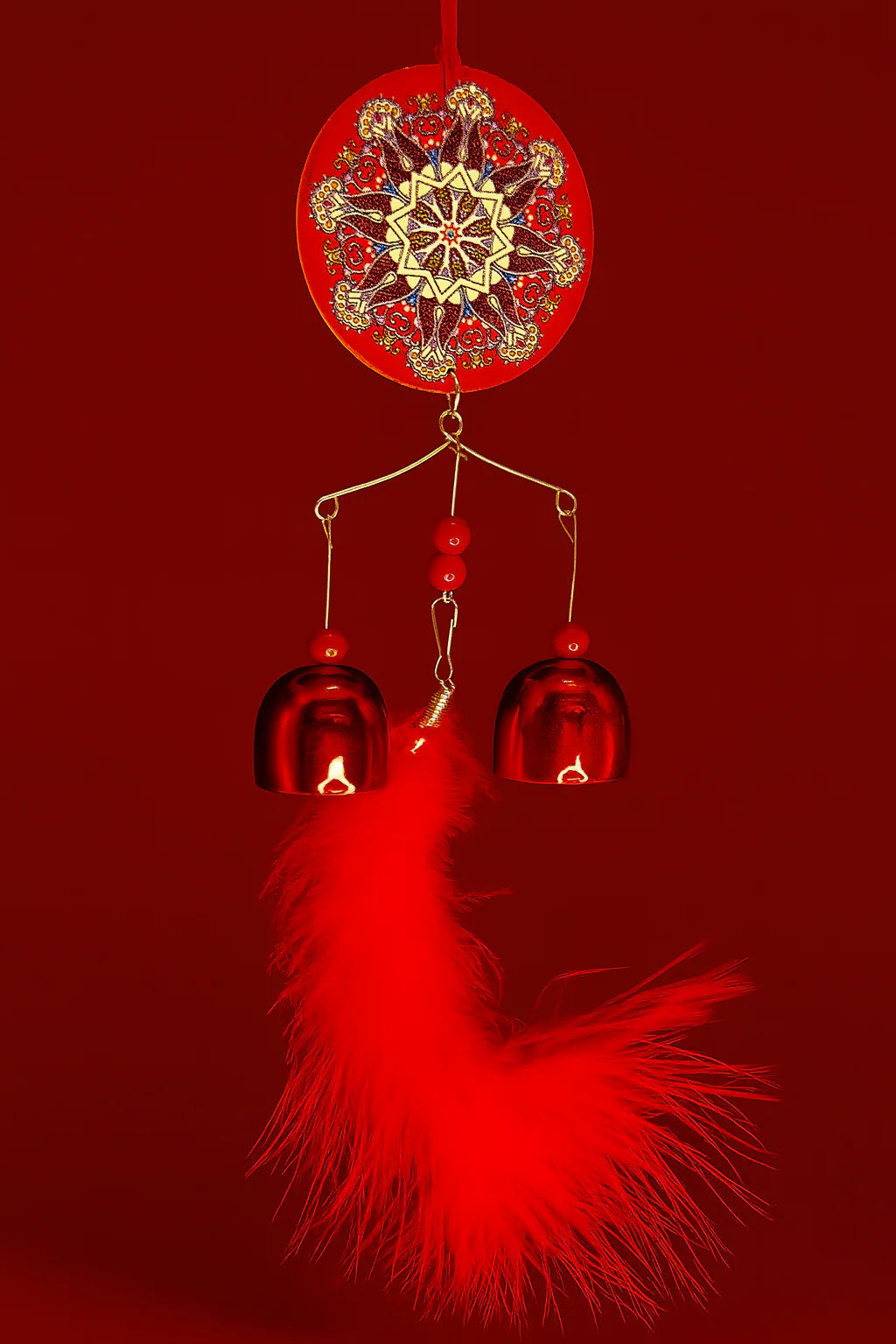 Red Mandala Wind Chime with Golden Bells | Handcrafted Door/Balcony Hanging for Energy, Balance & Boho Home Decor