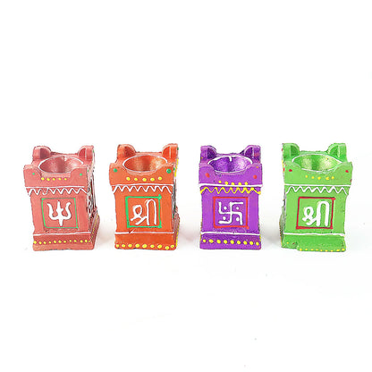 Handcrafted Tulsi Kiyaro Diya Set of 4 | Vibrant Hand-Painted Diya with Swastik & Shree Symbols for Pooja & Diwali