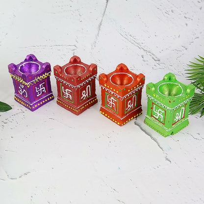 Handcrafted Tulsi Kiyaro Diya Set of 4 | Vibrant Hand-Painted Diya with Swastik & Shree Symbols for Pooja & Diwali